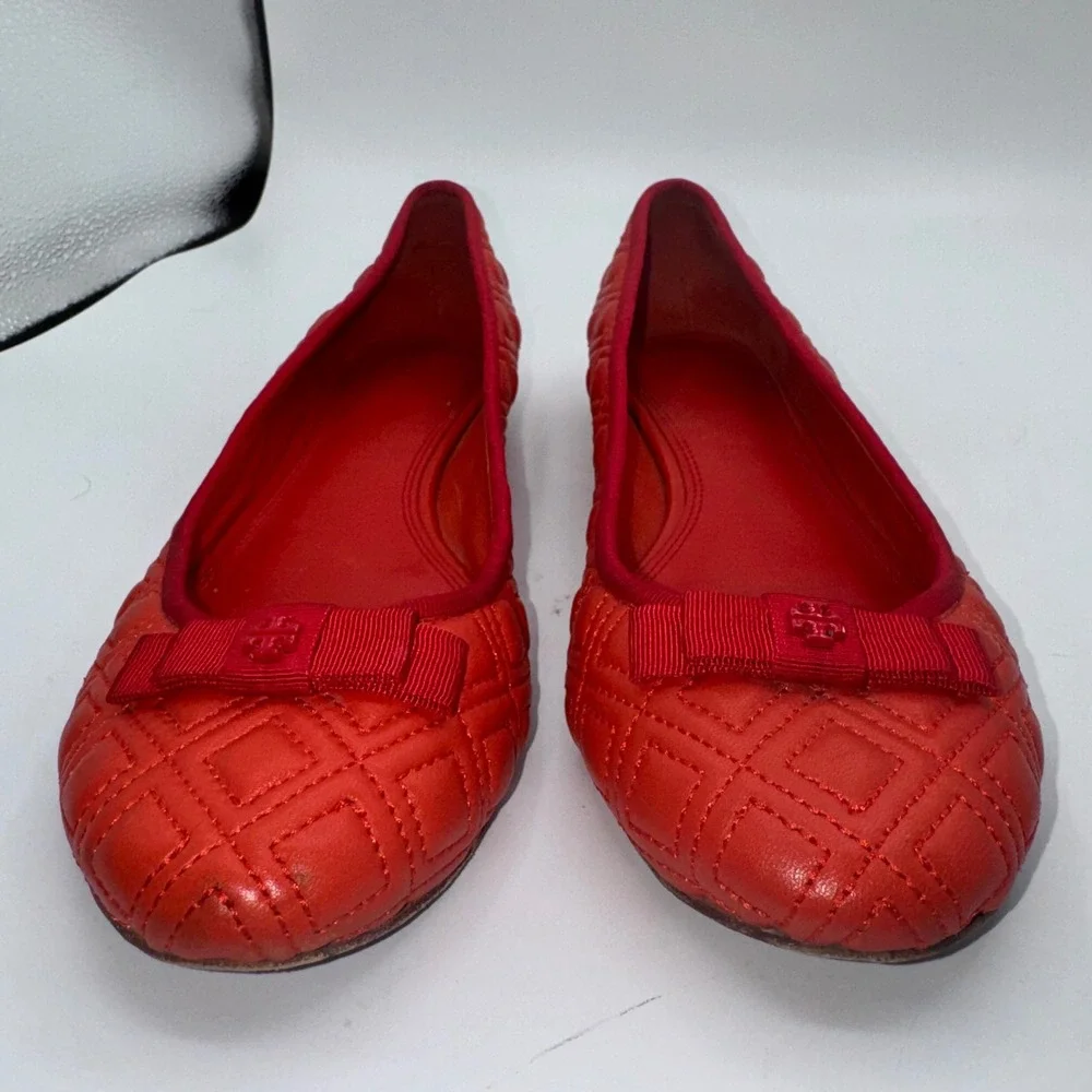 Tory Burch Marion Quilted Leather Ballet Flats Samba Red Bow Logo 7M Dress Shoes